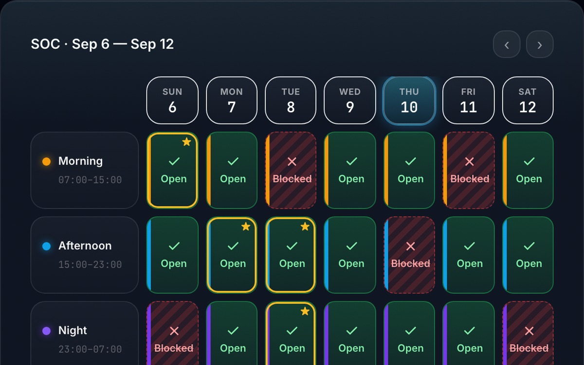 Noviq's availability grid: open and blocked slots for the week.